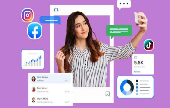Young female social media influencer creating content with social media icons and analytics dashboard representing influencer marketing.