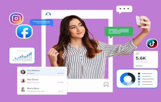 Young female social media influencer creating content with social media icons and analytics dashboard representing influencer marketing.
