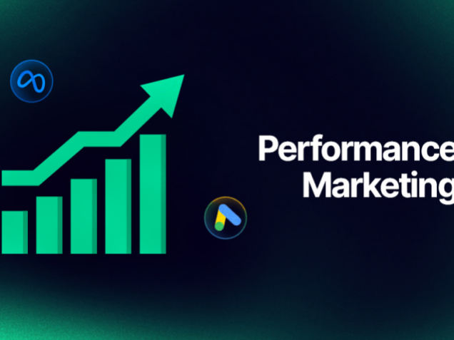 Benefits of Performance Marketing for Businesses with growth analytics, Meta Ads, and Google Ads illustration.