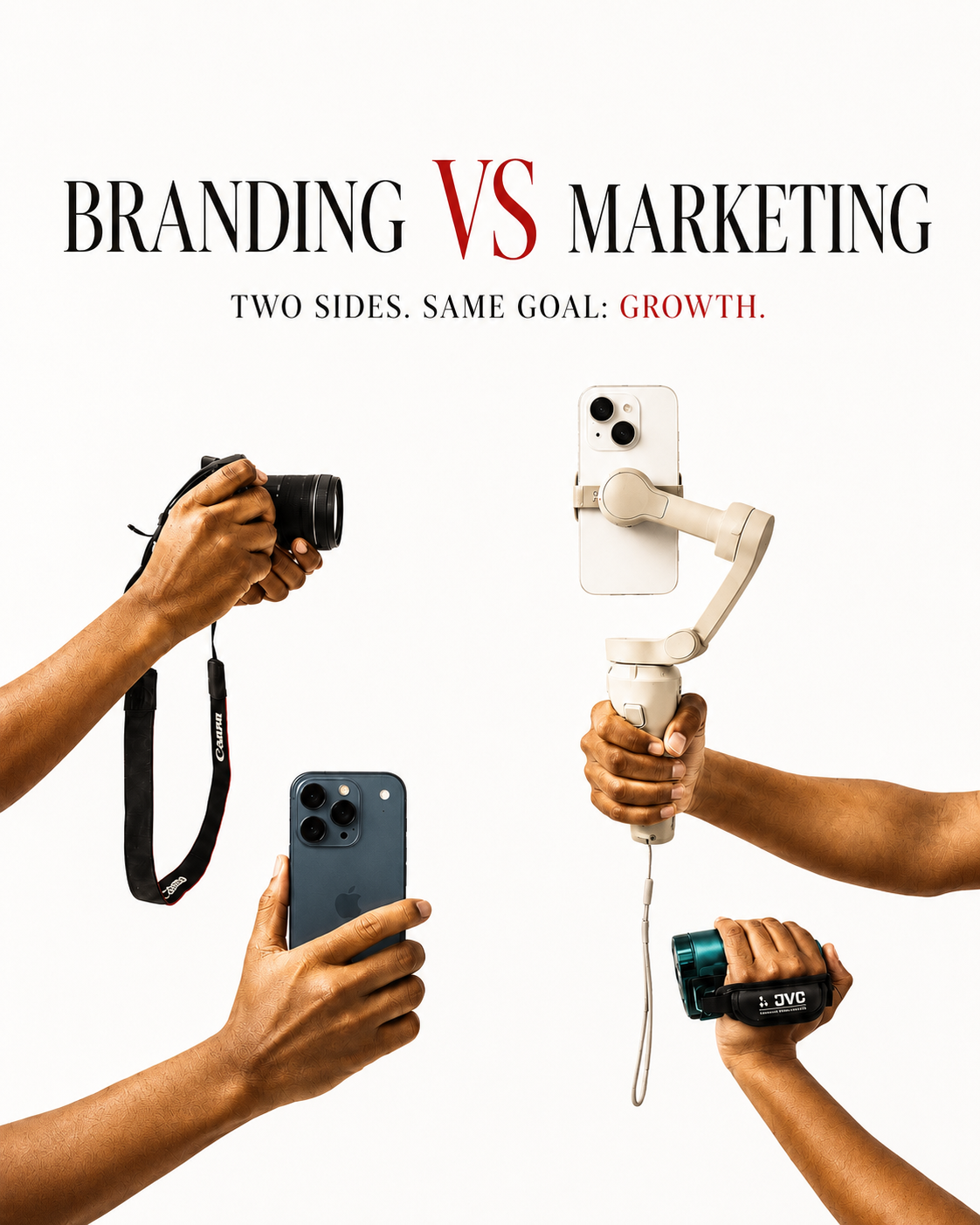 Branding vs. Marketing comparison highlighting business identity, customer trust, digital marketing, and business growth.