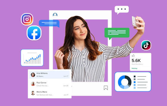 Young female social media influencer creating content with social media icons and analytics dashboard representing influencer marketing.