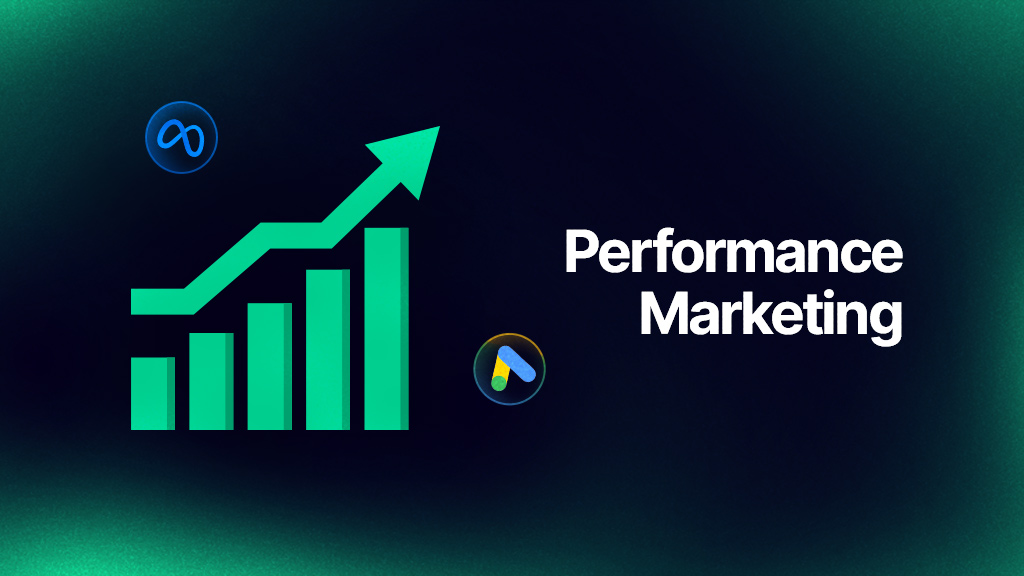 Benefits of Performance Marketing for Businesses with growth analytics, Meta Ads, and Google Ads illustration.