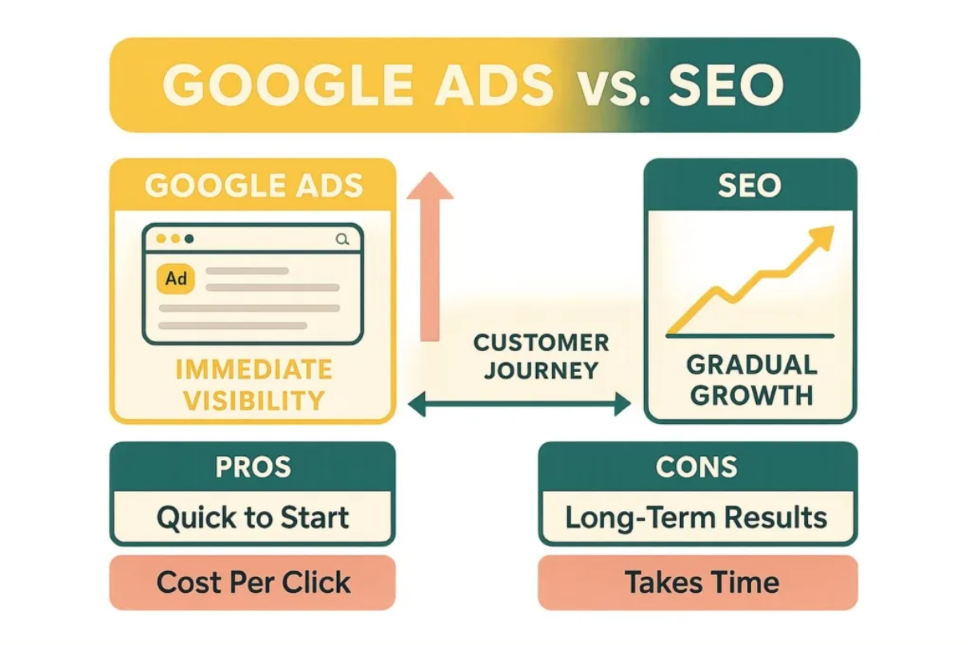 SEO vs Google Ads comparison infographic