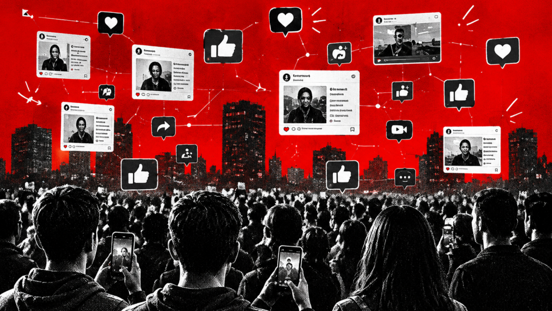 Black-and-white crowd using smartphones with social media posts and engagement icons against a red cityscape background
