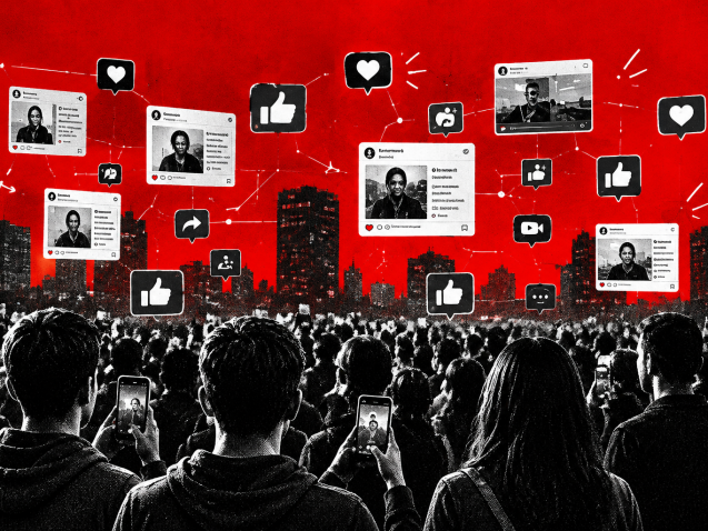 Black-and-white crowd using smartphones with social media posts and engagement icons against a red cityscape background