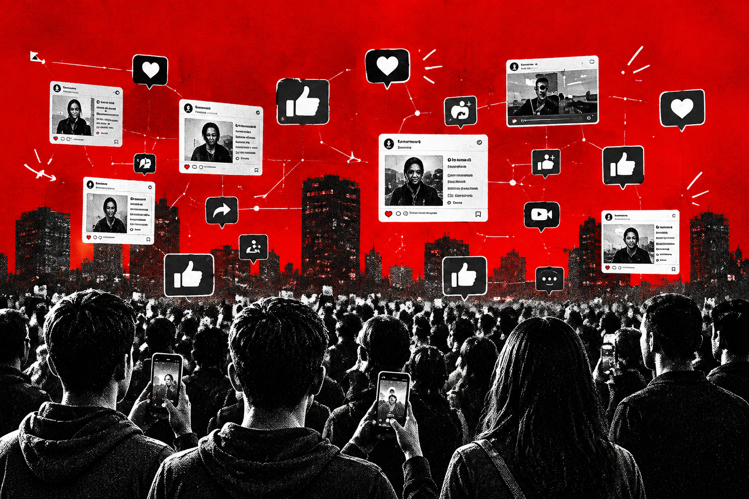 Black-and-white crowd using smartphones with social media posts and engagement icons against a red cityscape background