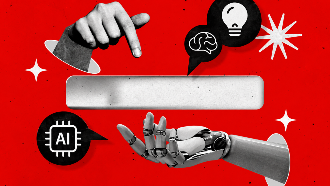 AI-themed collage with a human hand, robotic hand, search bar, AI chip, brain, and lightbulb icons on a bold red background.