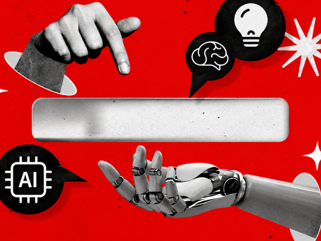AI-themed collage with a human hand, robotic hand, search bar, AI chip, brain, and lightbulb icons on a bold red background.