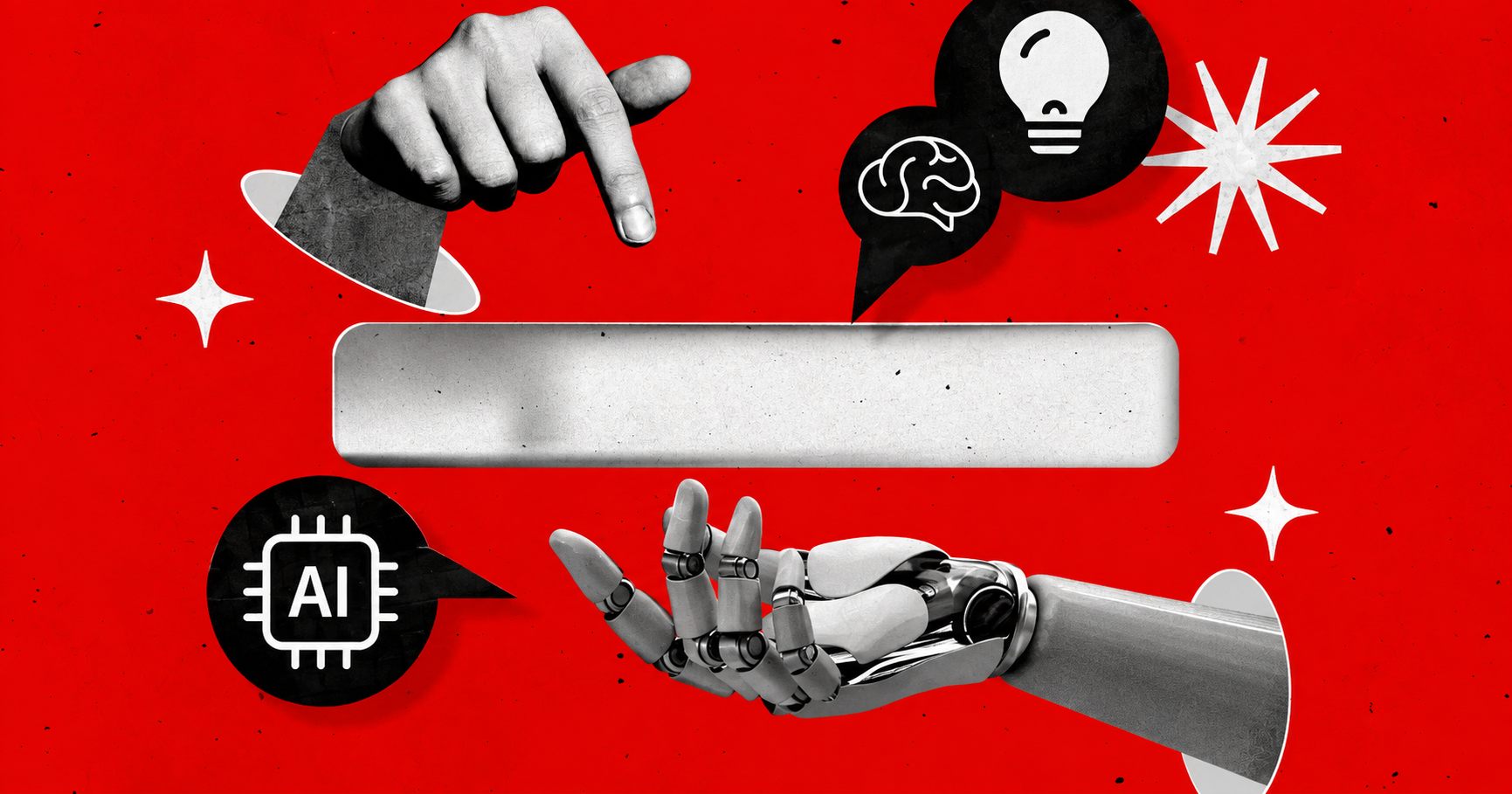 AI-themed collage with a human hand, robotic hand, search bar, AI chip, brain, and lightbulb icons on a bold red background.