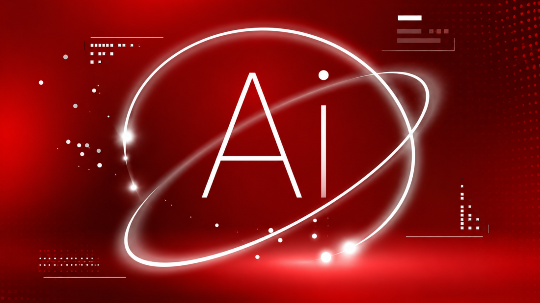 AI search concept with a glowing “AI” symbol surrounded by digital orbit lines on a red background, representing the rise of AI-powered search.