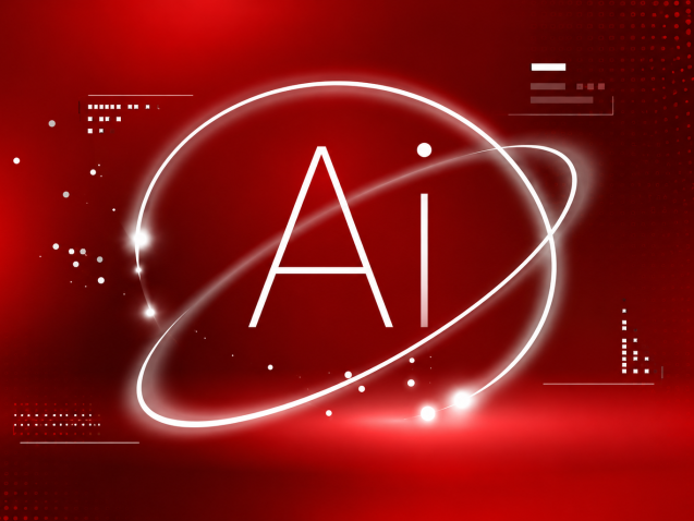 AI search concept with a glowing “AI” symbol surrounded by digital orbit lines on a red background, representing the rise of AI-powered search.