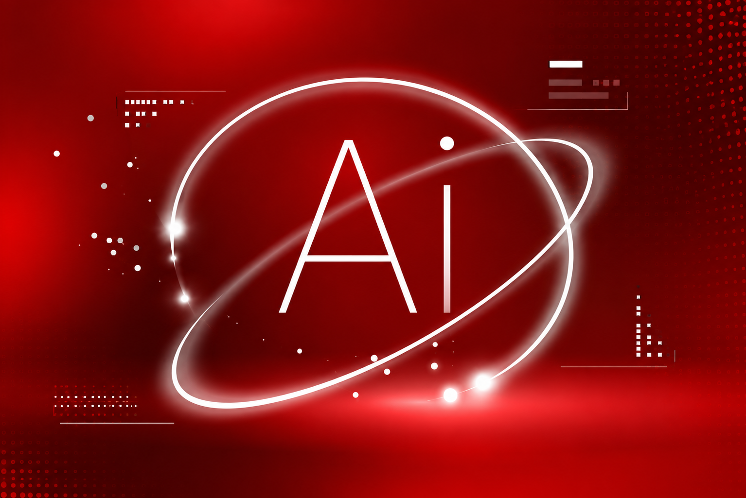 AI search concept with a glowing “AI” symbol surrounded by digital orbit lines on a red background, representing the rise of AI-powered search.